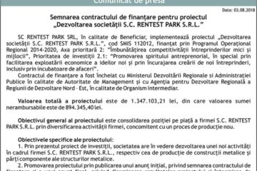 Semnarea contractului de finanțare pentru proiectul „Dezvoltarea societății S.C. RENTEST PARK S.R.L.”