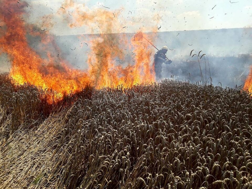 O combină care treiera grâu a provocat un puternic incendiu în lanul de cereale