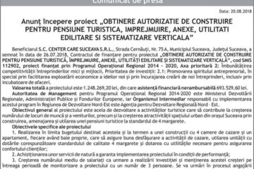 Anunț începere proiect „OBTINERE AUTORIZATIE DE CONSTRUIRE PENTRU PENSIUNE TURISTICA, IMPREJMUIRE, ANEXE, UTILITATI EDILITARE SI SISTEMATIZARE VERTICALA”