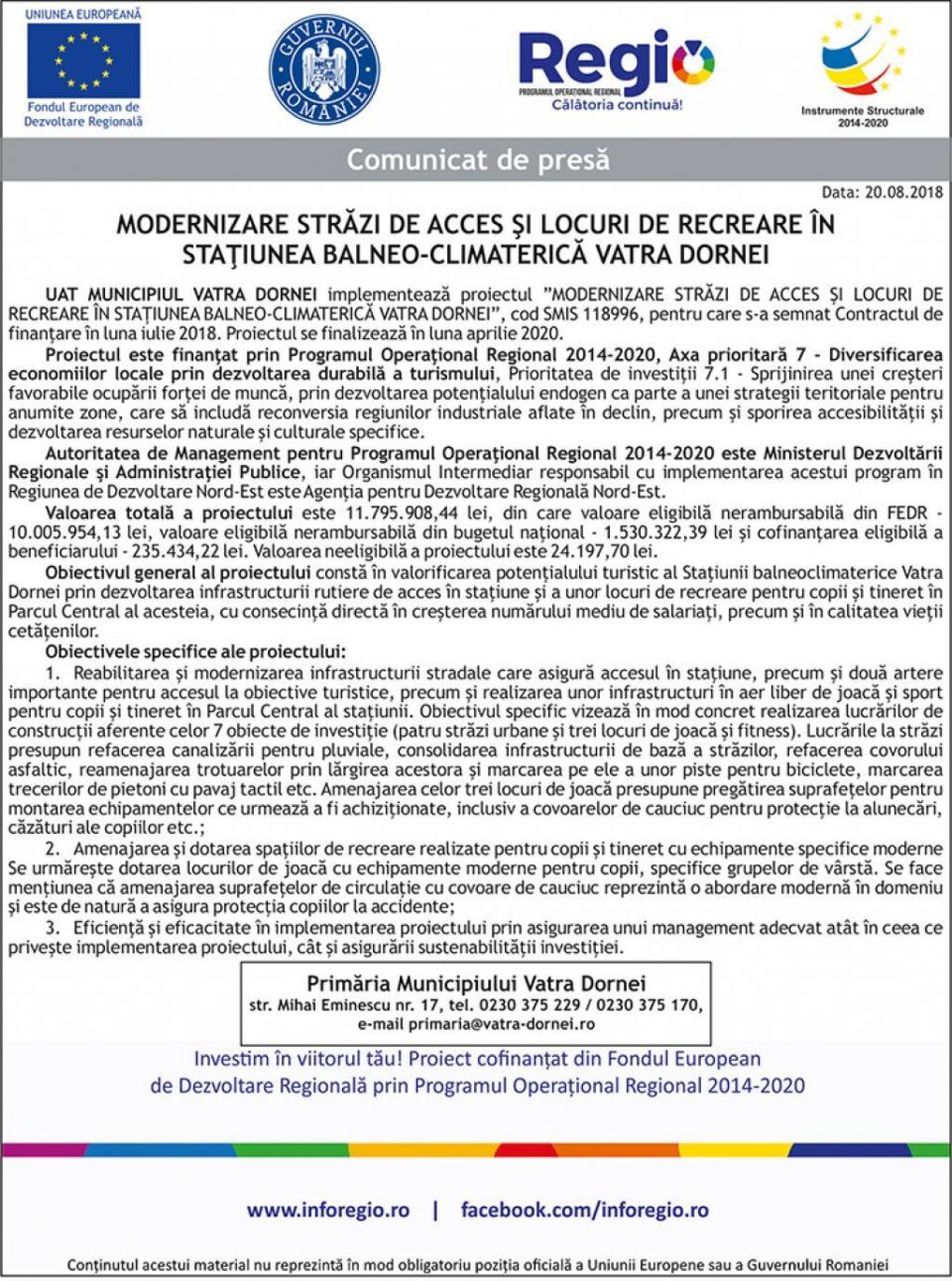MODERNIZARE STRĂZI DE ACCES ȘI LOCURI DE RECREARE ÎN STAȚIUNEA BALNEO-CLIMATERICĂ VATRA DORNEI