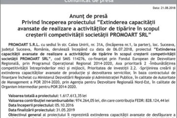 Anunț de presă Privind începerea proiectului ”Extinderea capacității avansate de realizare a activităților de tipărire în scopul creșterii competivității societății PROMOART SRL”