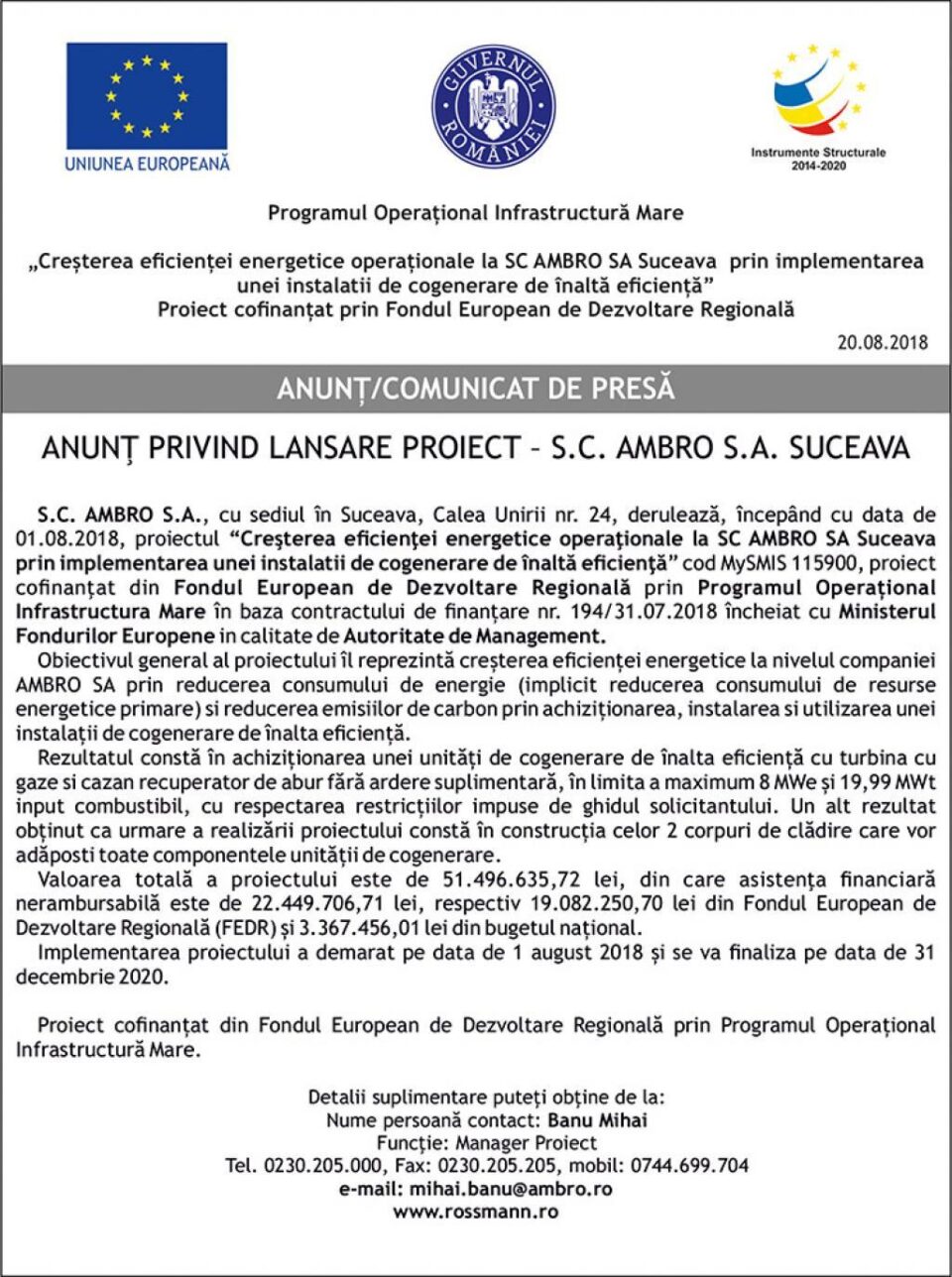 ANUNȚ PRIVIND LANSARE PROIECT – S.C. AMBRO S.A. SUCEAVA