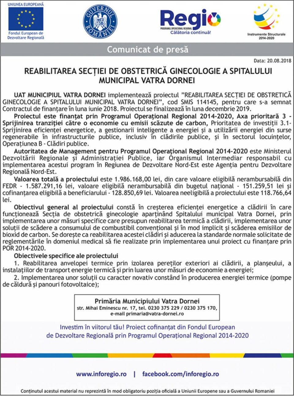 REABILITAREA SECȚIEI DE OBSTETRICĂ GINECOLOGIE A SPITALULUI MUNICIPAL VATRA DORNEI