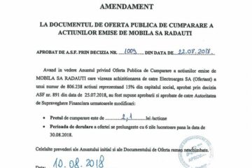 AMENDAMENT LA DOCUMENTUL DE OFERTA PUBLICA DE CUMPARARE A ACTIUNILOR EMISE DE MOBILA SA RADAUTI