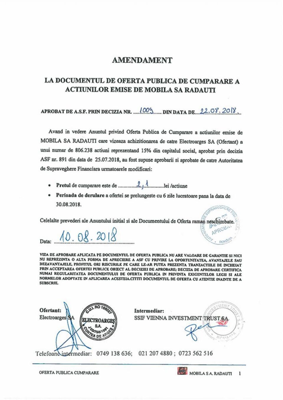 AMENDAMENT LA DOCUMENTUL DE OFERTA PUBLICA DE CUMPARARE A ACTIUNILOR EMISE DE MOBILA SA RADAUTI
