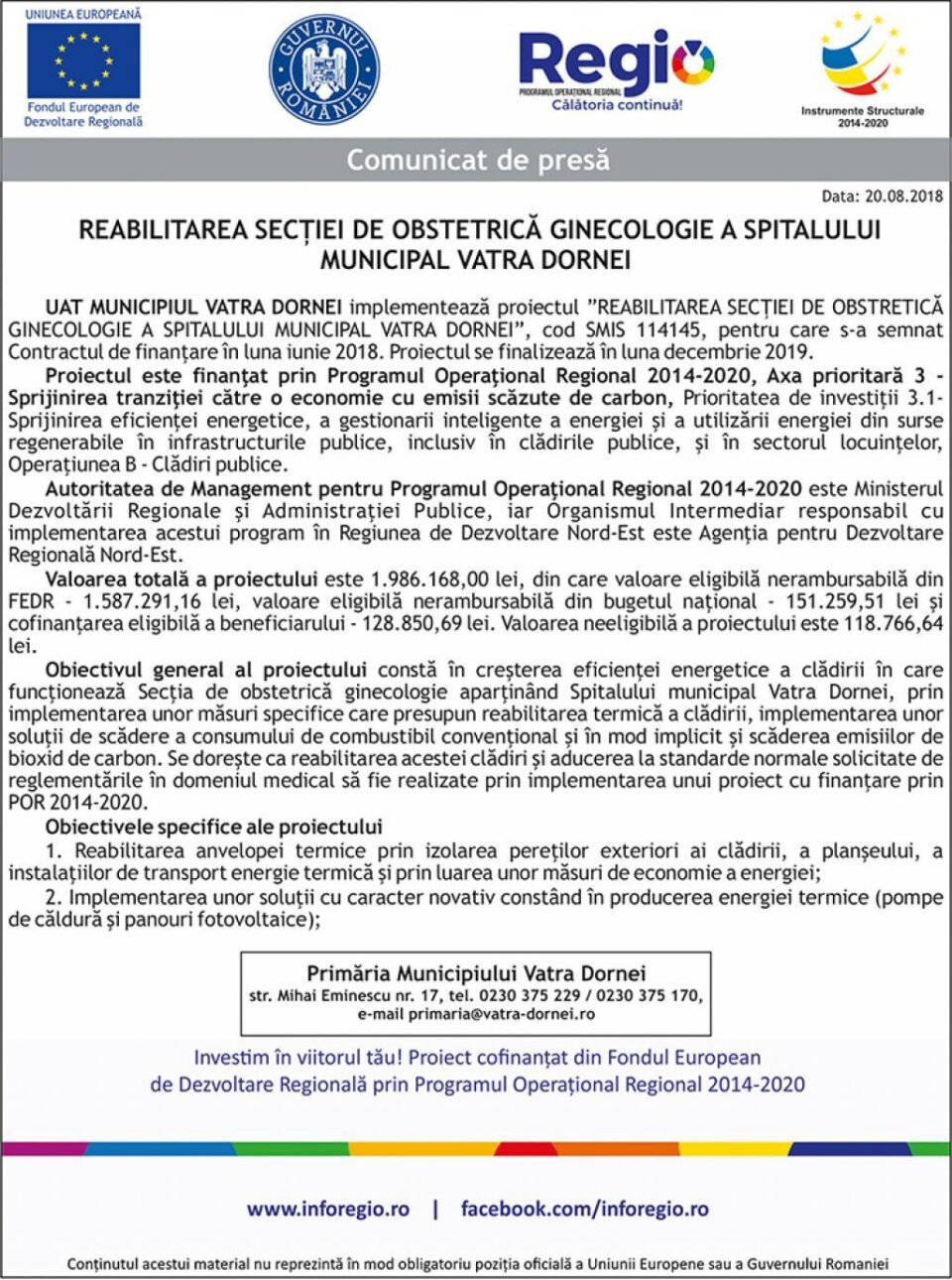 REABILITAREA SECȚIEI DE OBSTRETICĂ GINECOLOGIE A SPITALULUI MUNICIPAL VATRA DORNEI