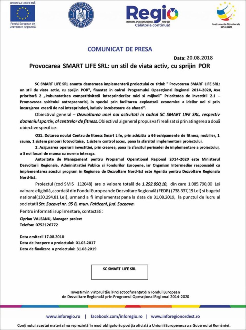 Provocarea SMART LIFE SRL: un stil de viata activ, cu sprijin POR