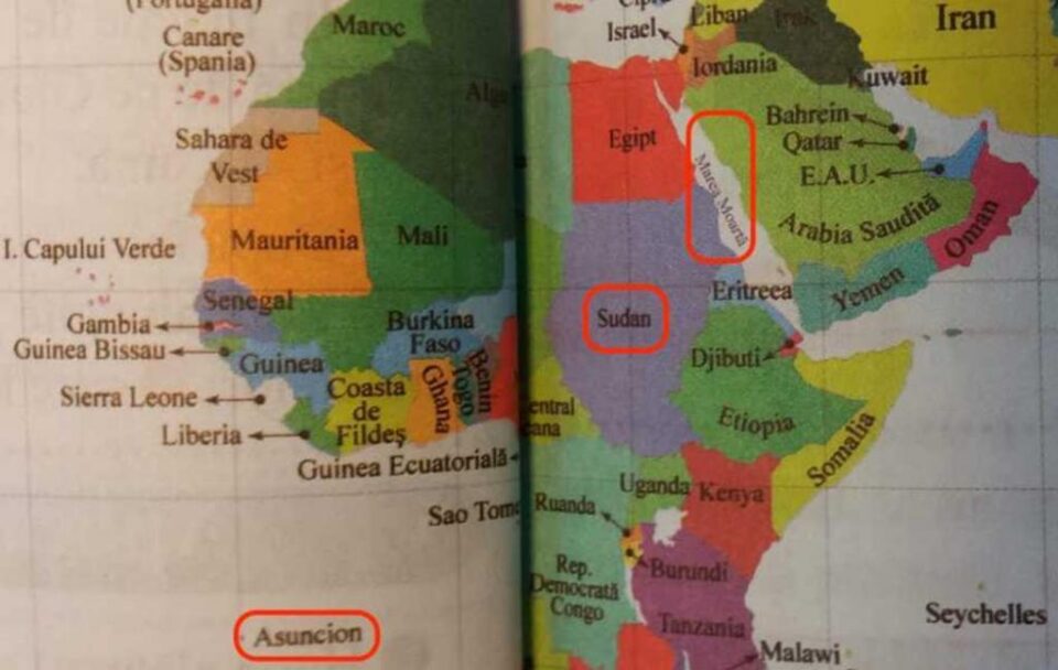 In loc de Marea Rosie figureaza Marea Moarta, Sudanul de Sud lipseste, iar insula Ascension e scrisa gresit sursa hotnews.ro