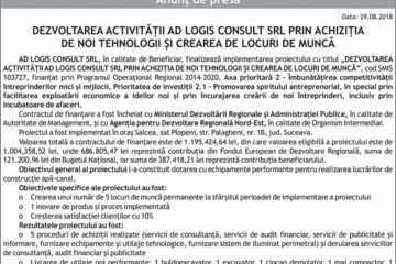 DEZVOLTAREA ACTIVITĂȚII AD LOGIS CONSULT SRL PRIN ACHIZIȚIA DE NOI TEHNOLOGII ȘI CREAREA DE LOCURI DE MUNCĂ