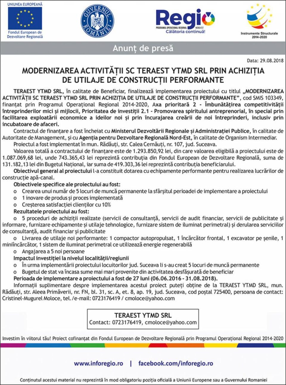 MODERNIZAREA ACTIVITĂȚII SC TERAEST YTMD SRL PRIN ACHIZIȚIA DE UTILAJE DE CONSTRUCȚII PERFORMANTE