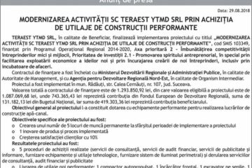 MODERNIZAREA ACTIVITĂȚII SC TERAEST YTMD SRL PRIN ACHIZIȚIA DE UTILAJE DE CONSTRUCȚII PERFORMANTE