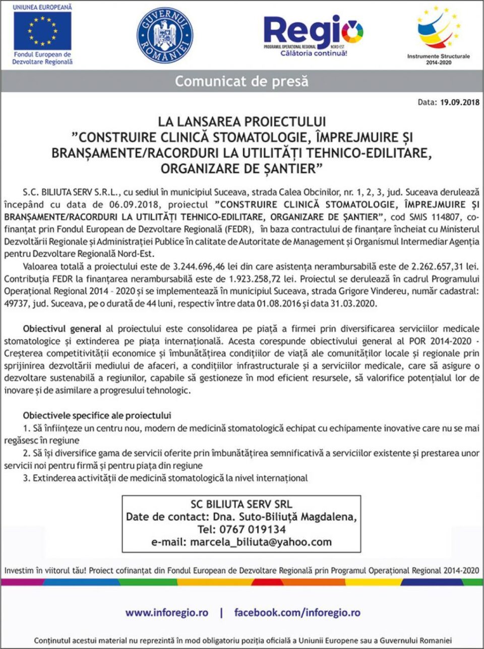 LA LANSAREA PROIECTULUI ”CONSTRUIRE CLINICĂ STOMATOLOGIE, ÎMPREJMUIRE ȘI BRANȘAMENTE/RACORDURI LA UTILITĂȚI TEHNICO-EDILITARE, ORGANIZARE DE ȘANTIER”