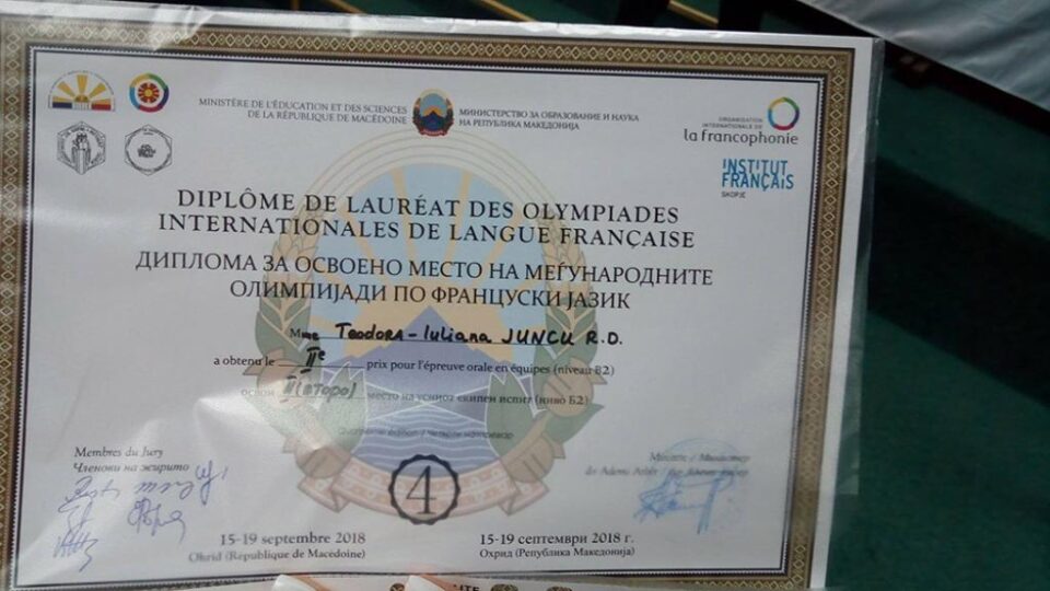Premiul al II-lea pentru o elevă din județ la Olimpiada Internațională de Franceză