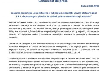 Lansarea proiectului „Diversificarea și extinderea capacității Service Motoare Nord S.R.L. de producție a pieselor de schimb pentru autovehicule și motoare”