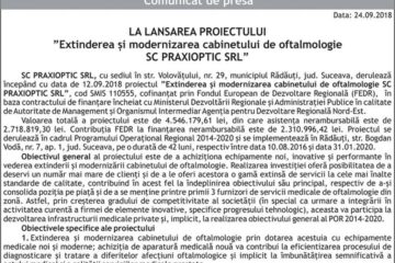 LA LANSAREA PROIECTULUI ”Extinderea și modernizarea cabinetului de oftalmologie SC PRAXIOPTIC SRL”
