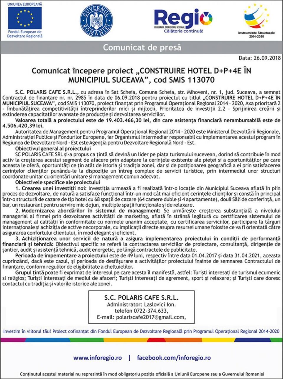 Comunicat începere proiect „CONSTRUIRE HOTEL D+P+4E ÎN MUNICIPIUL SUCEAVA”, cod SMIS 113070