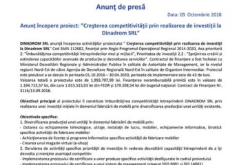 Anunț începere proiect: ”Creșterea competitivității prin realizarea de investiții la Dinadrom SRL”