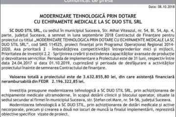 MODERNIZARE TEHNOLOGICĂ PRIN DOTARE CU ECHIPAMENTE MEDICALE LA SC DUO STIL SRL