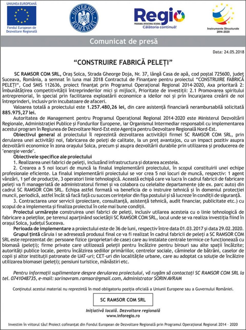 “CONSTRUIRE FABRICA PELETI“ “CONSTRUIRE FABRICA PELETI“