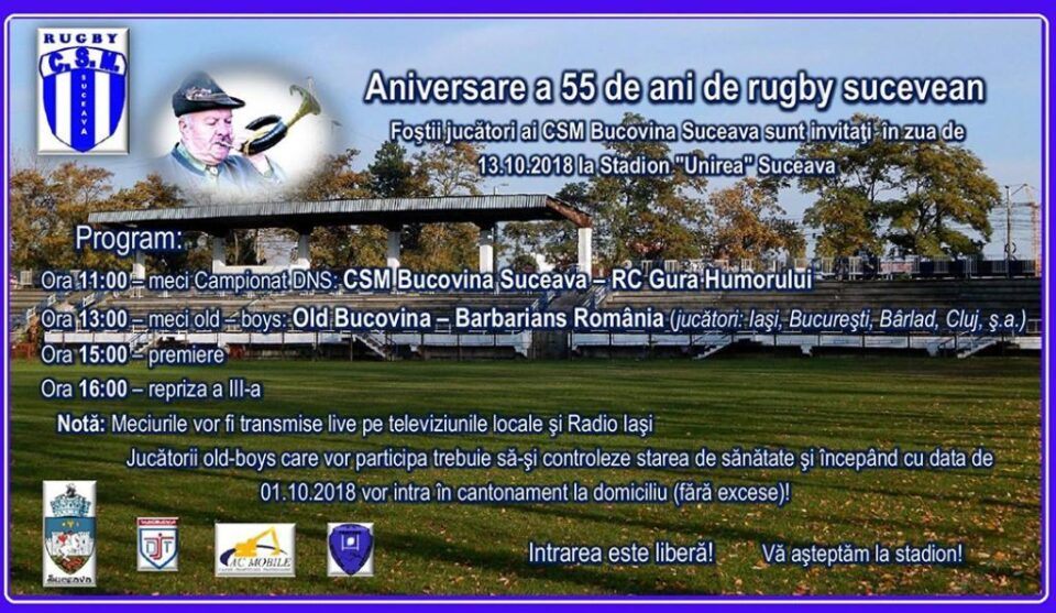 Sâmbătă se sărbătoresc 55 de ani de rugby, cu derby-ul dintre Suceava și Gura Humorului, dar și cu un meci de old-boys Sâmbătă se sărbătoresc 55 de ani de rugby, cu derby-ul dintre Suceava și Gura Humorului, dar și cu un meci de old-boys