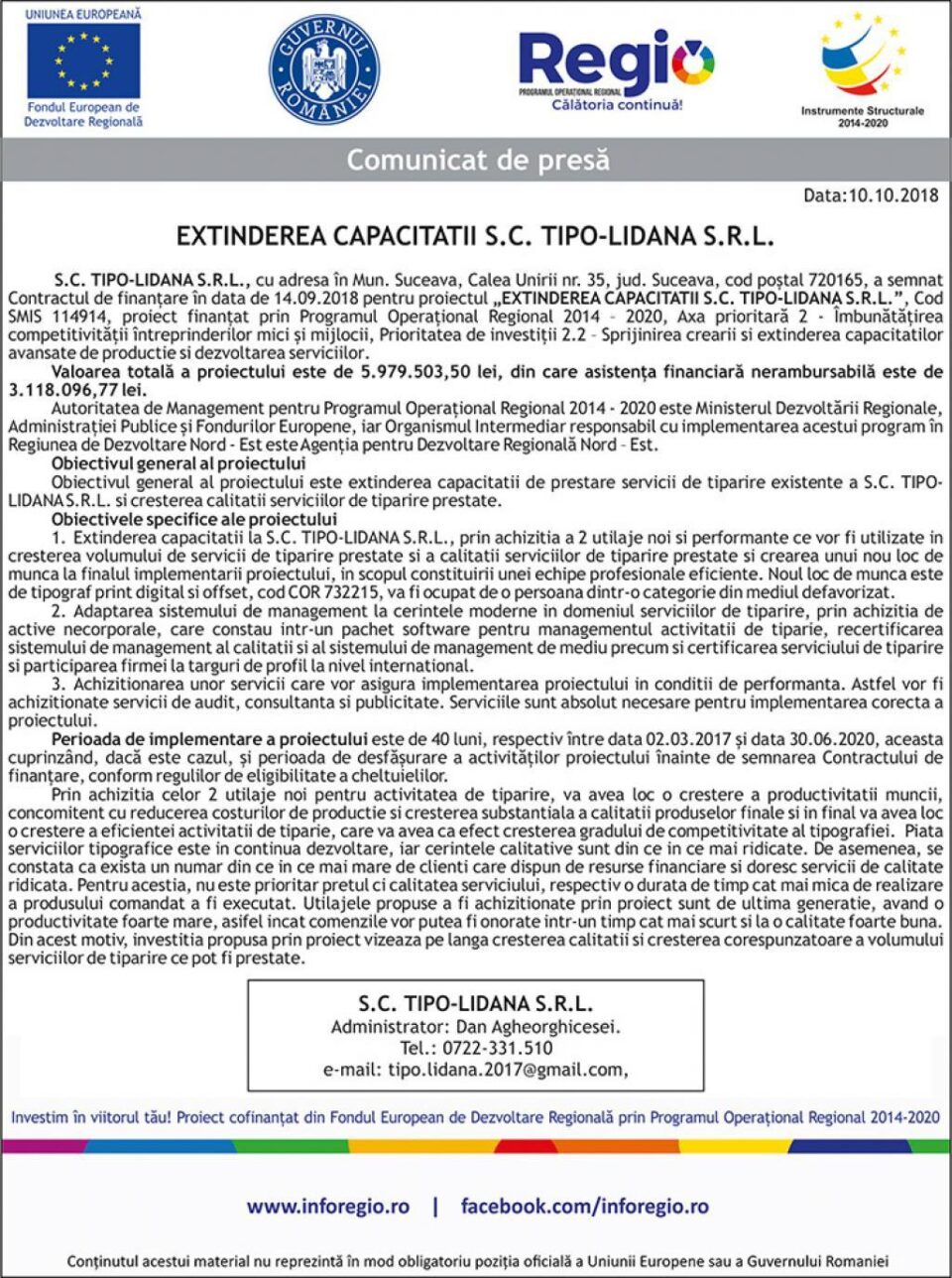 EXTINDEREA CAPACITATII S.C. TIPO-LIDANA S.R.L.