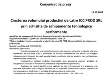 Cresterea volumului productiei de catre ICC PROD SRL prin achizitia de echipamente tehnologice performante