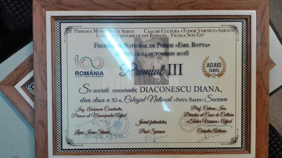 Trofeu și Premiul I, pentru o elevă a Colegiului „Petru Rareș”, la un festival național de poezie