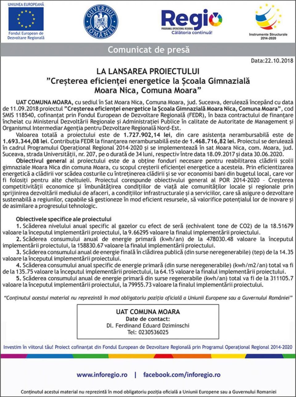 LA LANSAREA PROIECTULUI ”Creșterea eficienței energetice la Școala Gimnazială Moara Nica, Comuna Moara” LA LANSAREA PROIECTULUI ”Creșterea eficienței energetice la Școala Gimnazială Moara Nica, Comuna Moara”