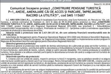 Comunicat începere proiect „CONSTRUIRE PENSIUNE TURISTICĂ P+1, ANEXE, AMENAJARE CĂI DE ACCES ȘI PARCARE, ÎMPREJMUIRE, RACORD LA UTILITĂȚI”, cod SMIS 115687