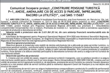 Comunicat începere proiect „CONSTRUIRE PENSIUNE TURISTICĂ P+1, ANEXE, AMENAJARE CĂI DE ACCES ȘI PARCARE, ÎMPREJMUIRE, RACORD LA UTILITĂȚI”, cod SMIS 115687