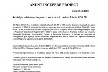 Achiziție echipamente pentru reciclare in cadrul Ritmic COM SRL
