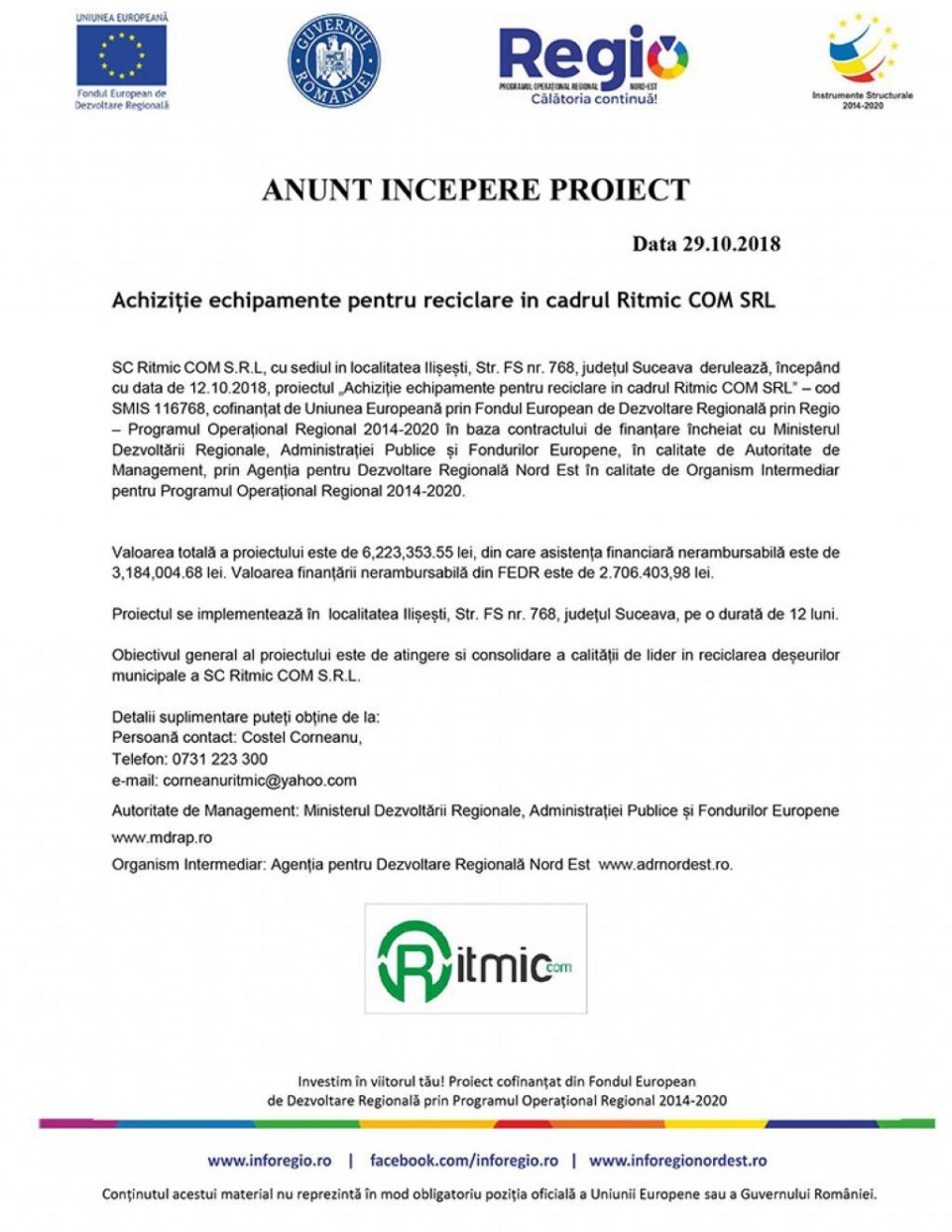Achiziție echipamente pentru reciclare in cadrul Ritmic COM SRL