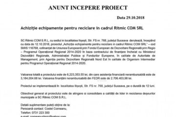 Achiziție echipamente pentru reciclare în cadrul Ritmic COM SRL