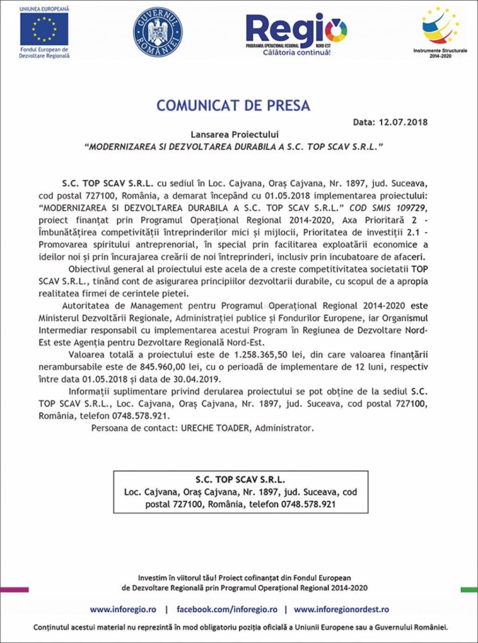 Lansarea Proiectului “MODERNIZAREA ȘI DEZVOLTAREA DURABILĂ A S.C. TOP SCAV S.R.L.”