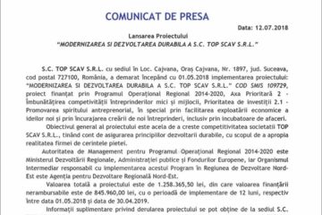 Lansarea Proiectului “MODERNIZAREA ȘI DEZVOLTAREA DURABILĂ A S.C. TOP SCAV S.R.L.”