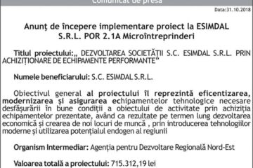 Anunț de începere implementare proiect la ESIMDAL S.R.L. POR 2.1A Microîntreprinderi