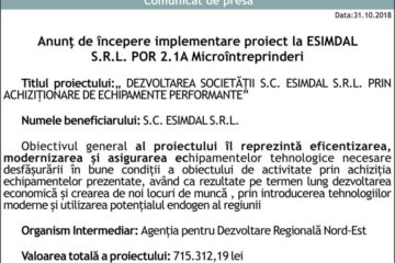 Anunț de începere implementare proiect la ESIMDAL S.R.L. POR 2.1A Microîntreprinderi