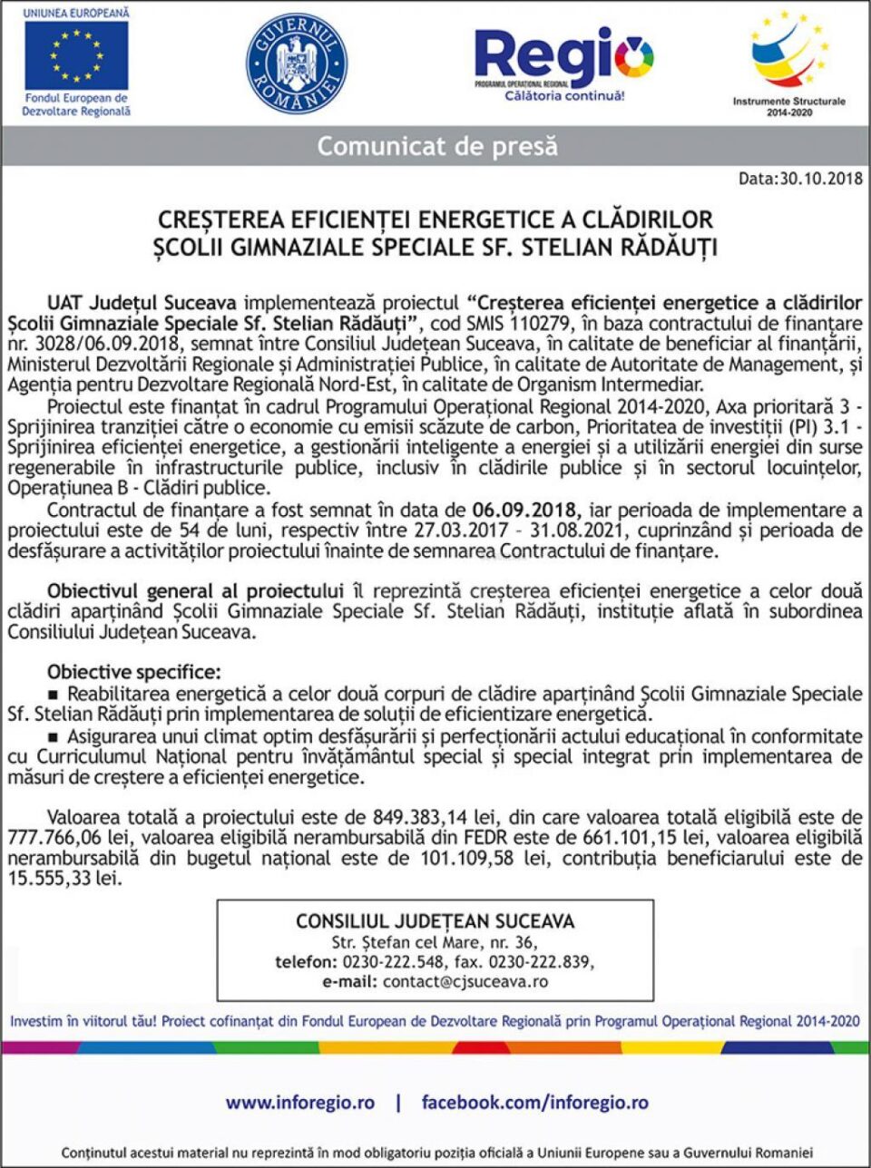 CREȘTEREA EFICIENȚEI ENERGETICE A CLĂDIRILOR ȘCOLII GIMNAZIALE SPECIALE SF. STELIAN RĂDĂUȚI