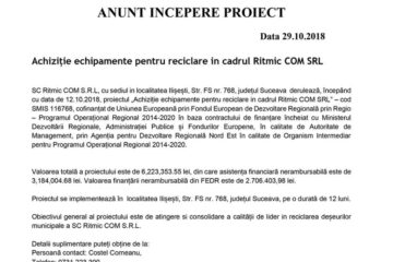 ANUNT INCEPERE PROIECT - Achiziție echipamente pentru reciclare in cadrul Ritmic COM SRL