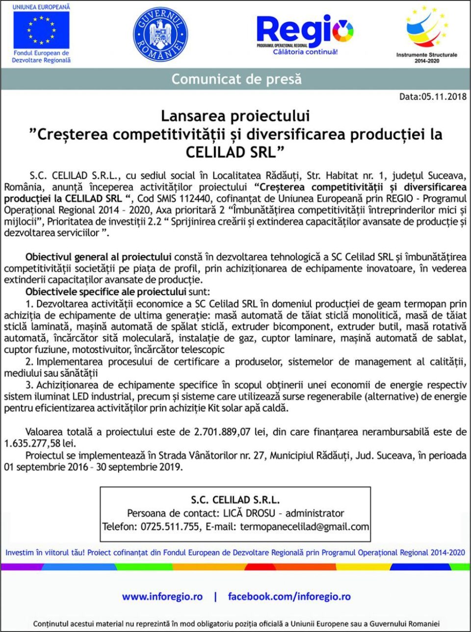Lansarea proiectului ”Creșterea competitivității și diversificarea producției la CELILAD SRL” Lansarea proiectului ”Creșterea competitivității și diversificarea producției la CELILAD SRL”