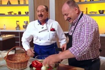 Actorul de comedie Romică Țociu și suceveanul Vasile Rusu, la concursul culinar „Chefi la cuțite”