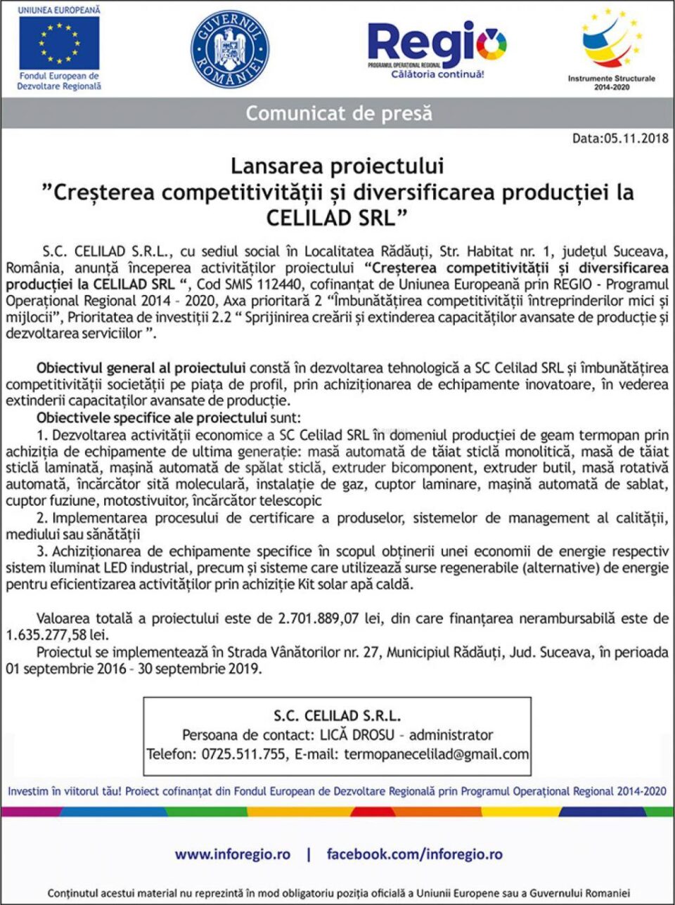 Lansarea proiectului ”Creșterea competitivității și diversificarea producției la CELILAD SRL”
