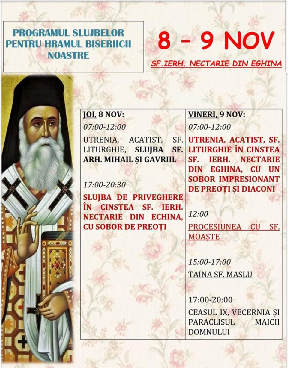 Biserica aflată în curtea Spitalului Vechi sărbătorește vineri hramul Sf. Nectarie din Eghina