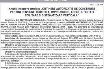 Anunț începere proiect „OBTINERE AUTORIZATIE DE CONSTRUIRE PENTRU PENSIUNE TURISTICA, IMPREJMUIRE, ANEXE, UTILITATI EDILITARE SI SISTEMATIZARE VERTICALA”