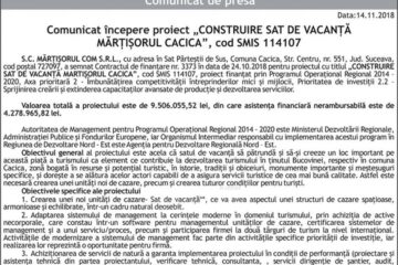Comunicat începere proiect „CONSTRUIRE SAT DE VACANȚĂ MĂRȚIȘORUL CACICA”, cod SMIS 114107