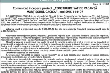 Comunicat începere proiect „CONSTRUIRE SAT DE VACANȚĂ MĂRȚIȘORUL CACICA”, cod SMIS 114107