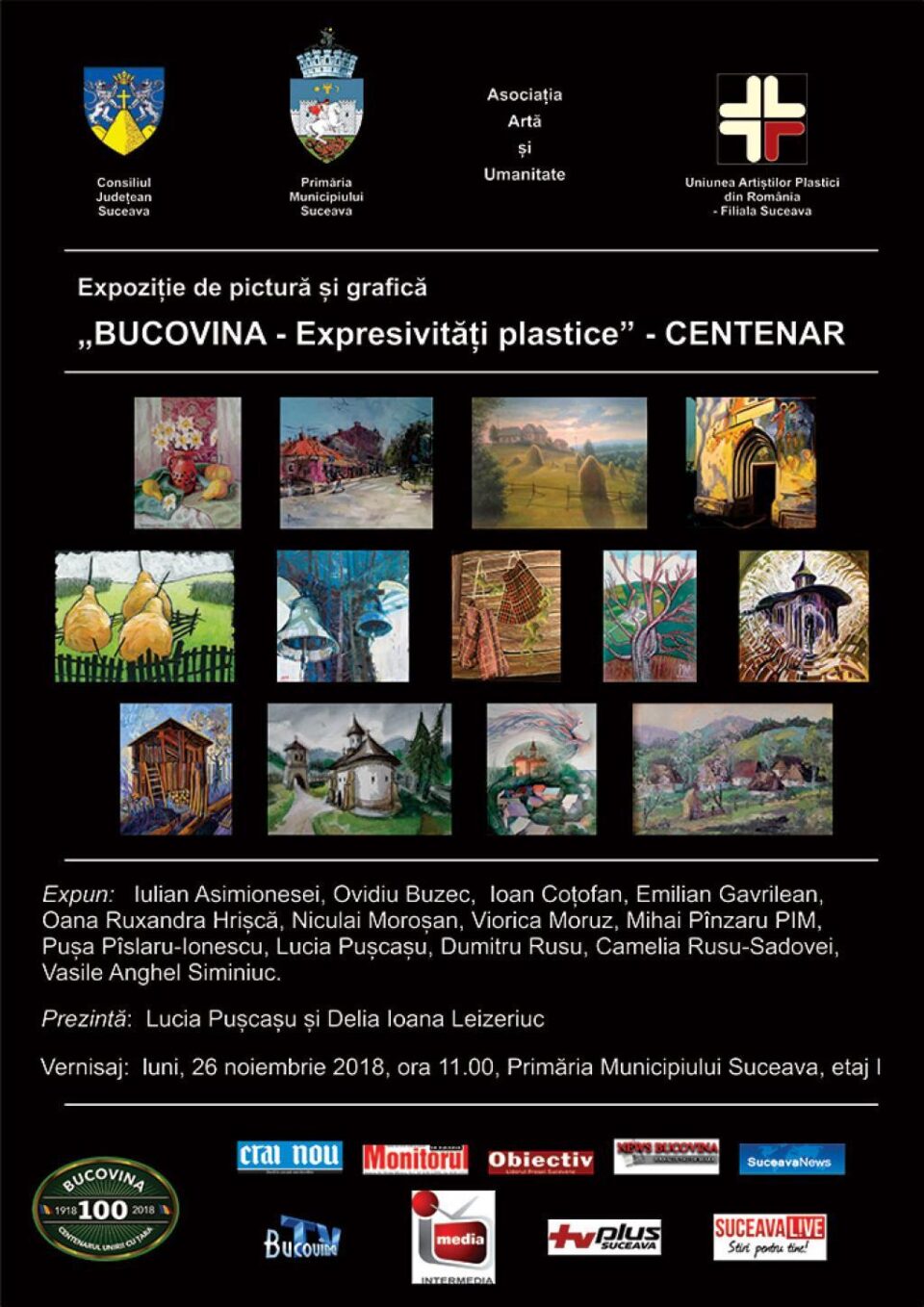 Expoziția cuprinde 40 de compoziții realizate în tehnicile picturii și graficii