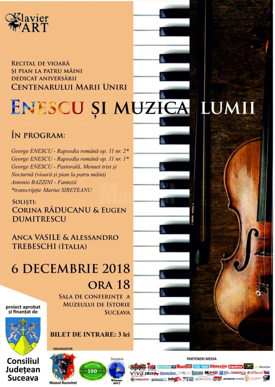 Recital de vioară și pian la patru mâini, cu un program intitulat Enescu și Muzica Lumii, la Muzeul de Istorie