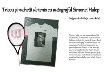Tricou și rachetă de tenis cu autograful Simonei Halep