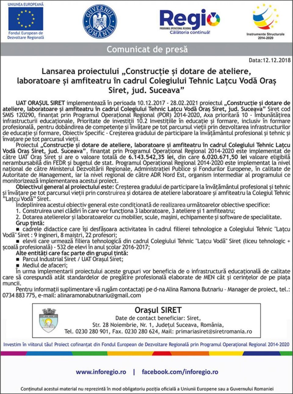 Lansarea proiectului „Construcție și dotare de ateliere, laboratoare și amfiteatru în cadrul Colegiului Tehnic Lațcu Vodă Oraș Siret, jud. Suceava”